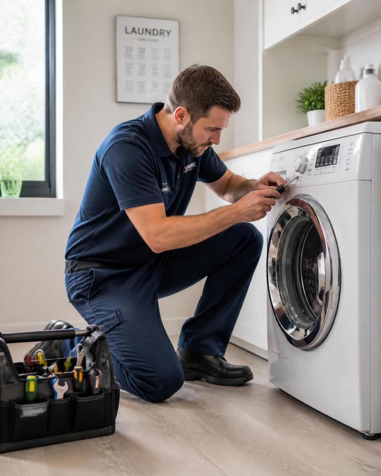 Appliance repair technician repairing a household washing machine